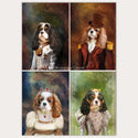 A3 rice paper design that feautres 4 portraits of small hunting dogs in royal costumes. White borders are on the sides.