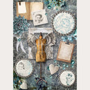 Rice paper that features vintage dressing room decor and a dress form with wings against a damask background. 