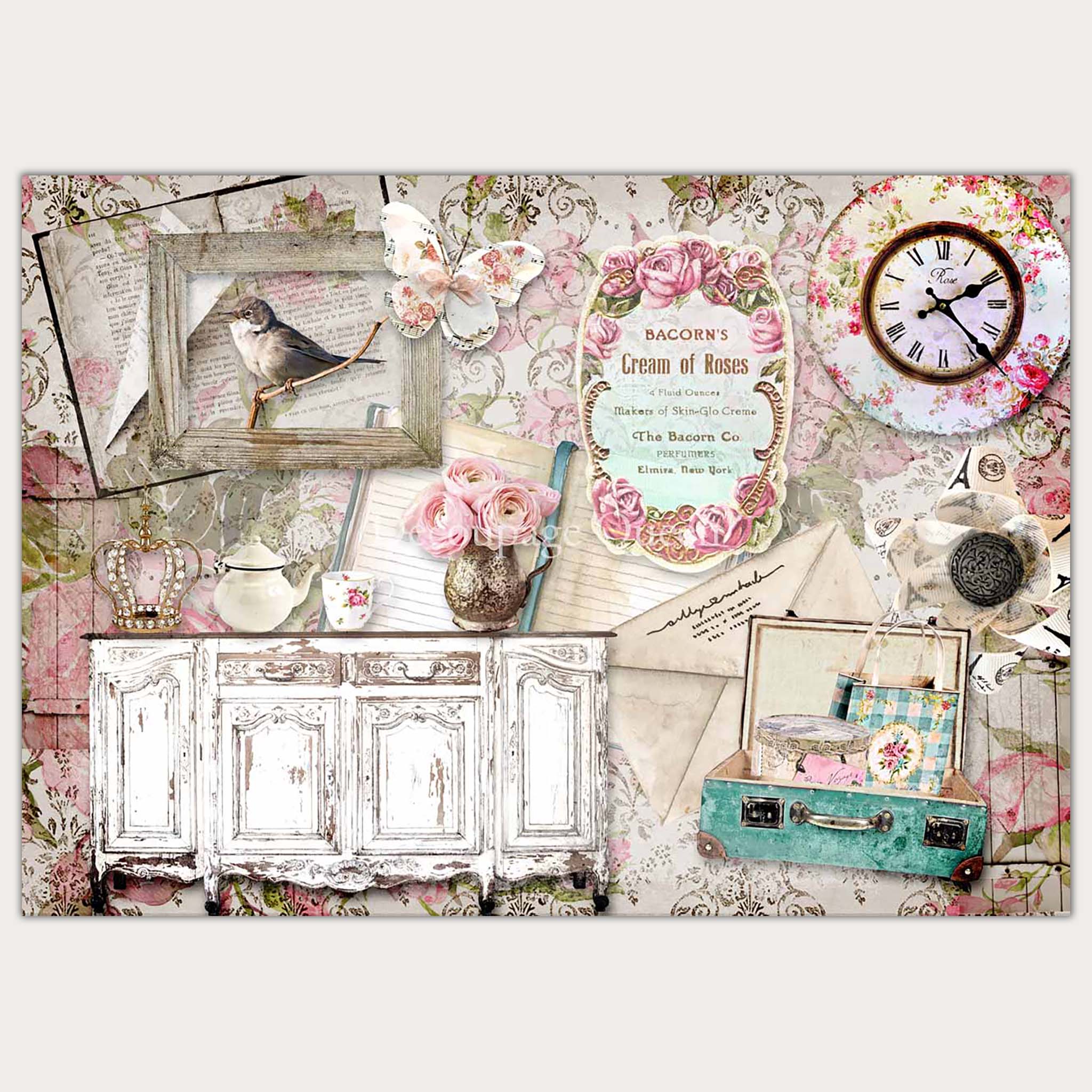 A3 rice paper that features a collage of a vintage buffet table, clock, suitcase, letters, notebooks, and a bird in a wood frame are against a light floral background. White borders are on the top and bottom.