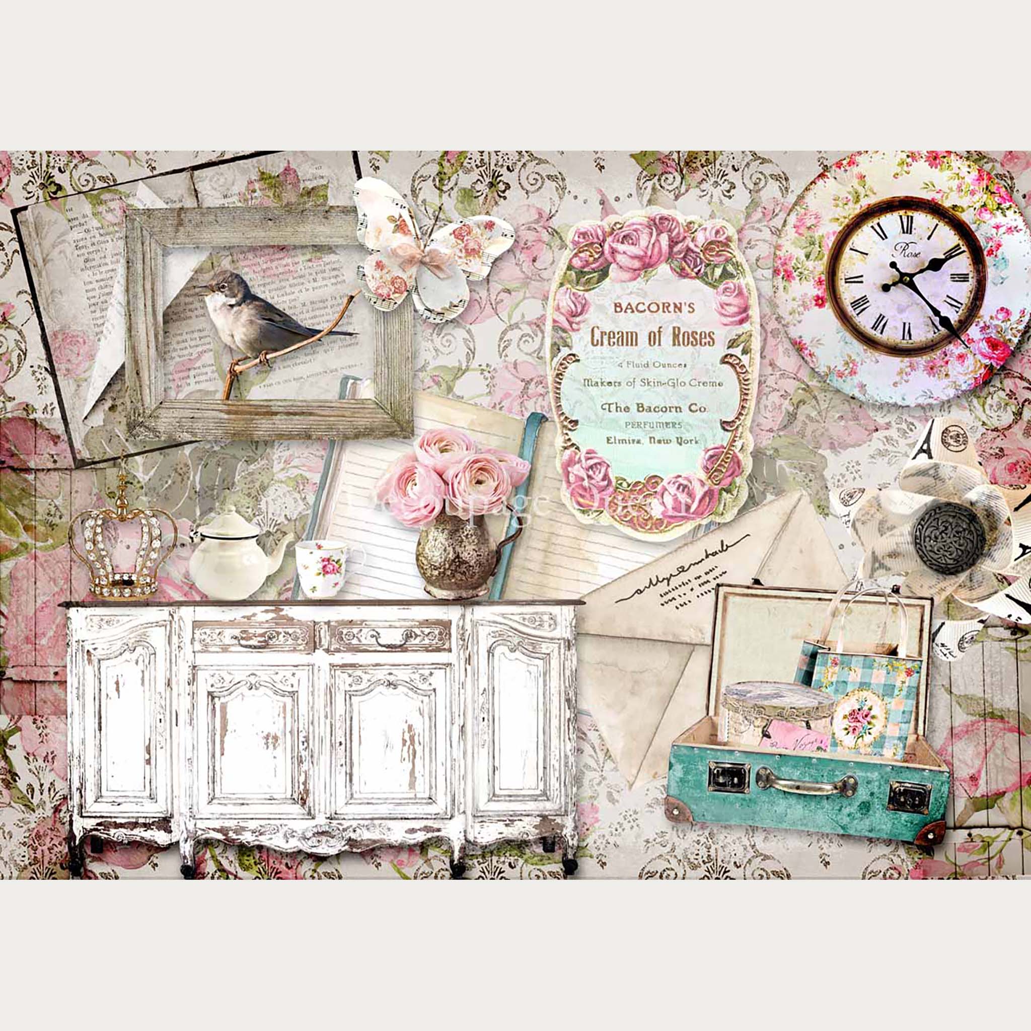 Rice paper that features a collage of a vintage buffet table, clock, suitcase, letters, notebooks, and a bird in a wood frame are against a light floral background. White borders are on the top and bottom.