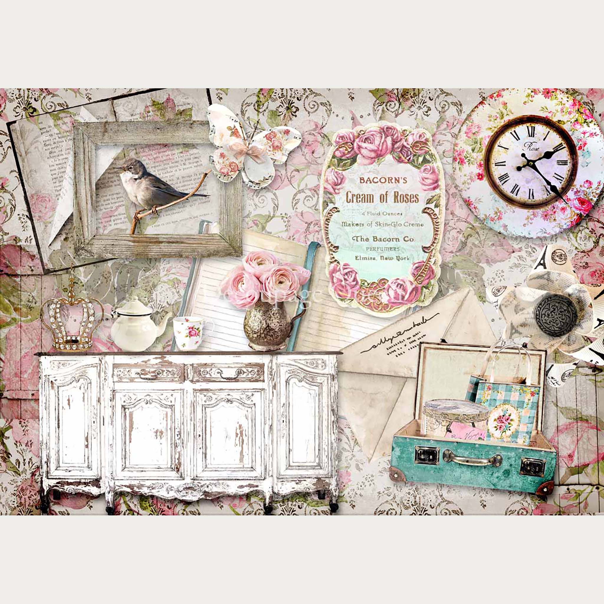 A3 rice paper that features a collage of a vintage buffet table, clock, suitcase, letters, notebooks, and a bird in a wood frame are against a light floral background. White borders are on the top and bottom.