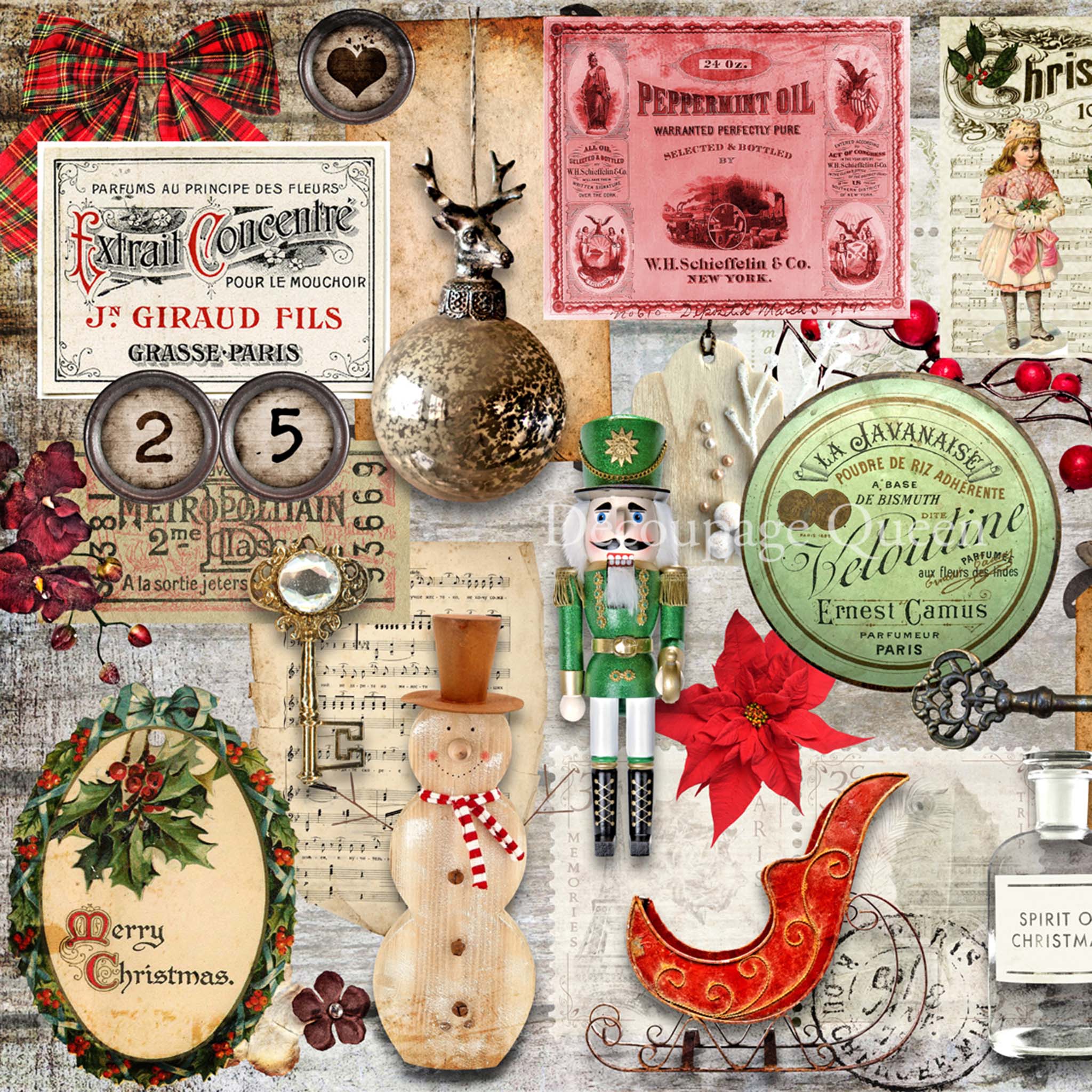A3 rice paper that features a collage of vintage Christmas decorations, ornaments, and sheet music.