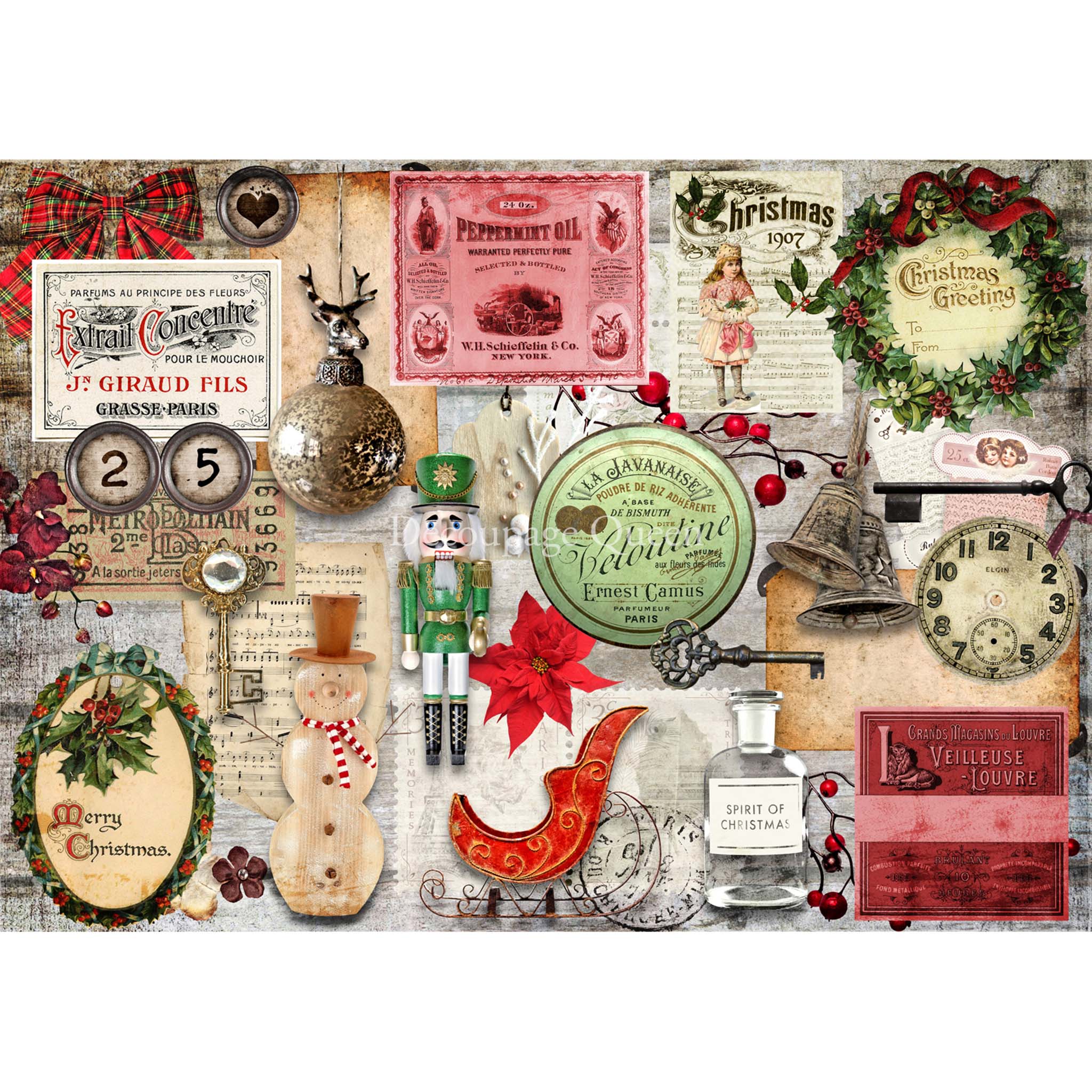 A4 rice paper that features a collage of vintage Christmas decorations, ornaments, and sheet music White borders are on the top and bottom.