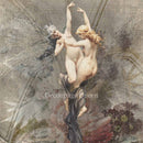 Close-up of a rice paper featuring two graceful nude women dancing in front of a subtle floral background.