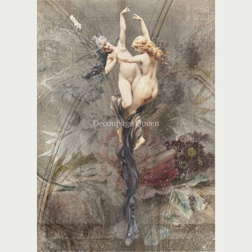 Rice paper featuring two graceful nude women dancing in front of a subtle floral background.