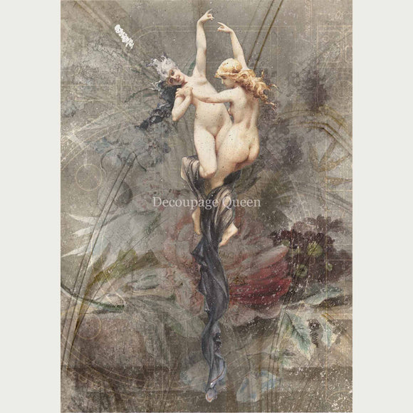 Rice paper featuring two graceful nude women dancing in front of a subtle floral background.