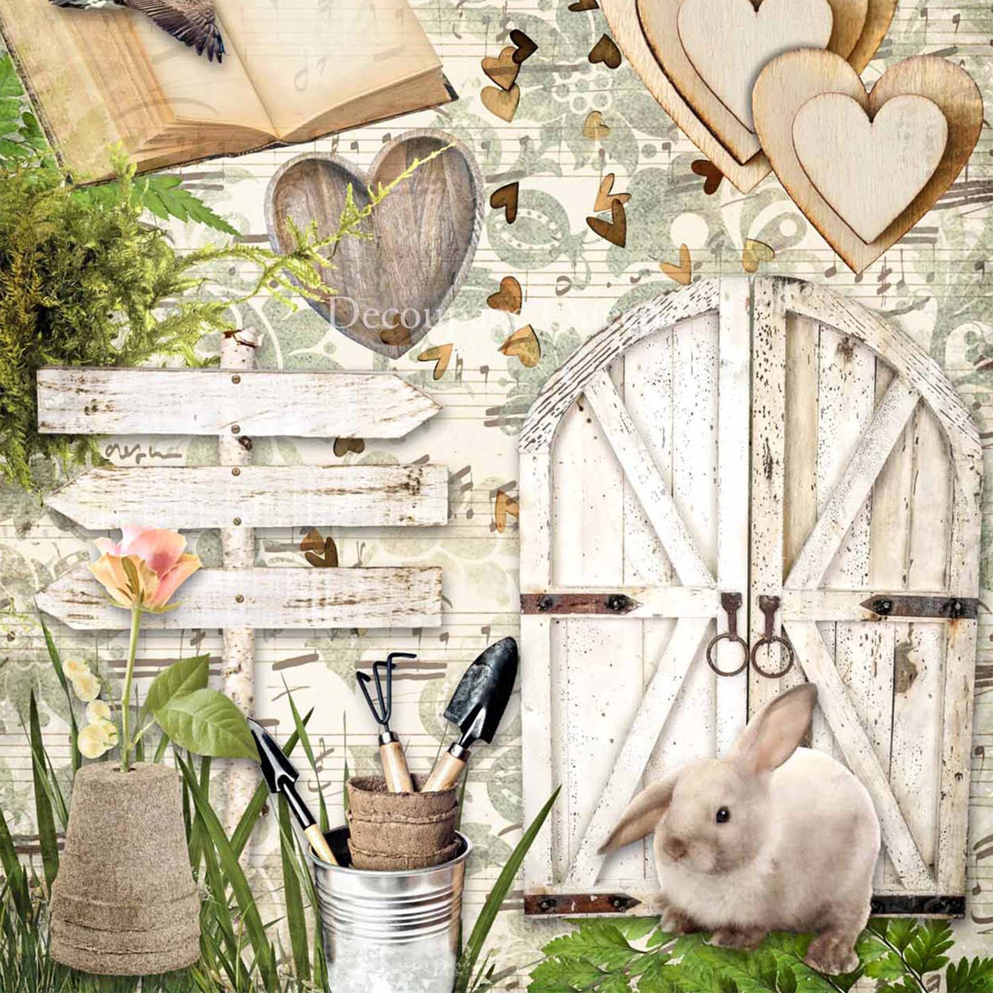 Close-up of a rice paper that features a collage of geese, wood hearts, white wood doors, gardening tools, a bunny, and greenery against a vintage sheet music background.