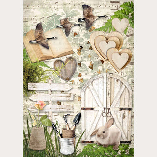 A3 rice paper that features a collage of geese, wood hearts, white wood doors, gardening tools, a bunny, and greenery against a vintage sheet music background. White borders are on the sides.