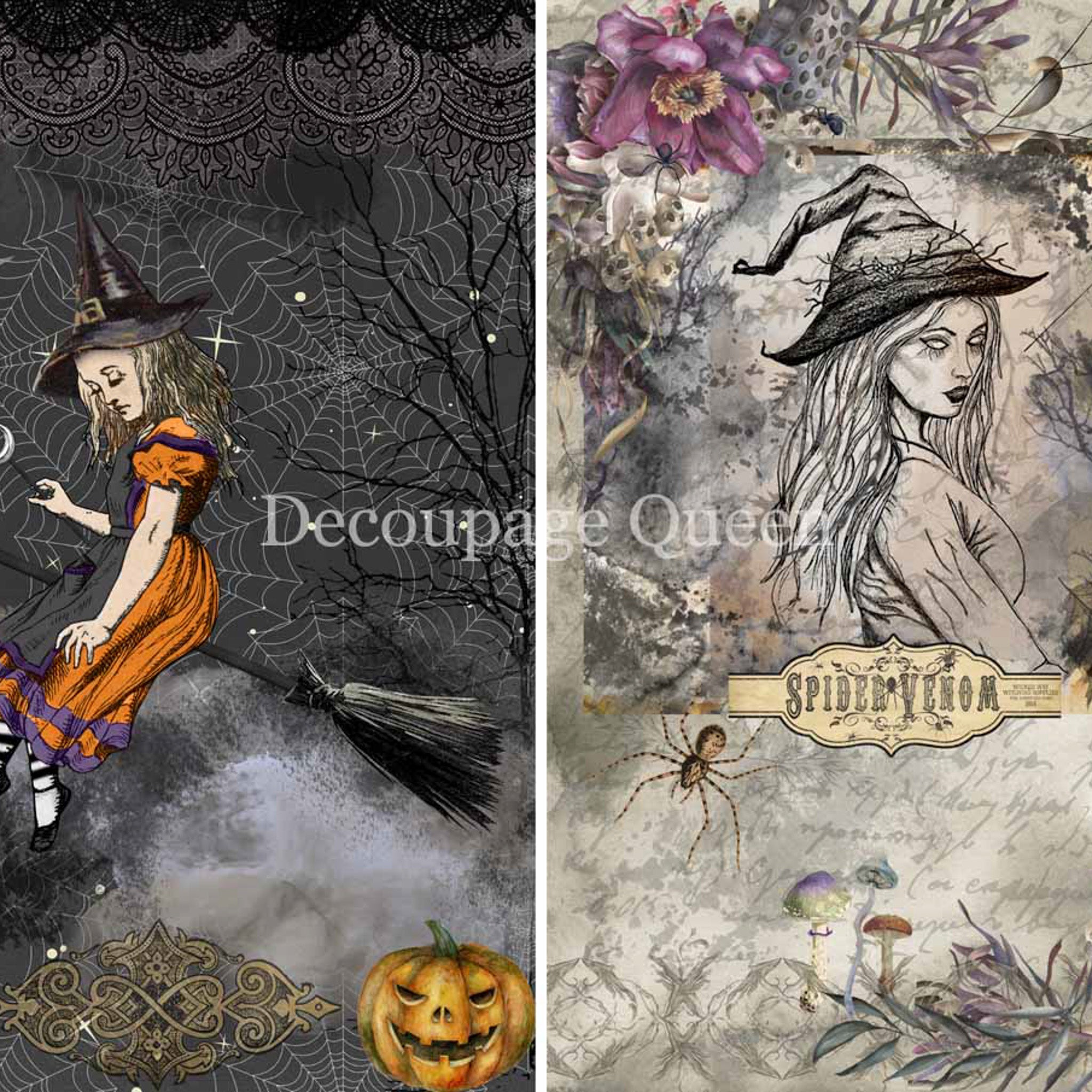 Close-up of a rice paper featuring two vintage scenes of mystical witches set against spooky backgrounds.