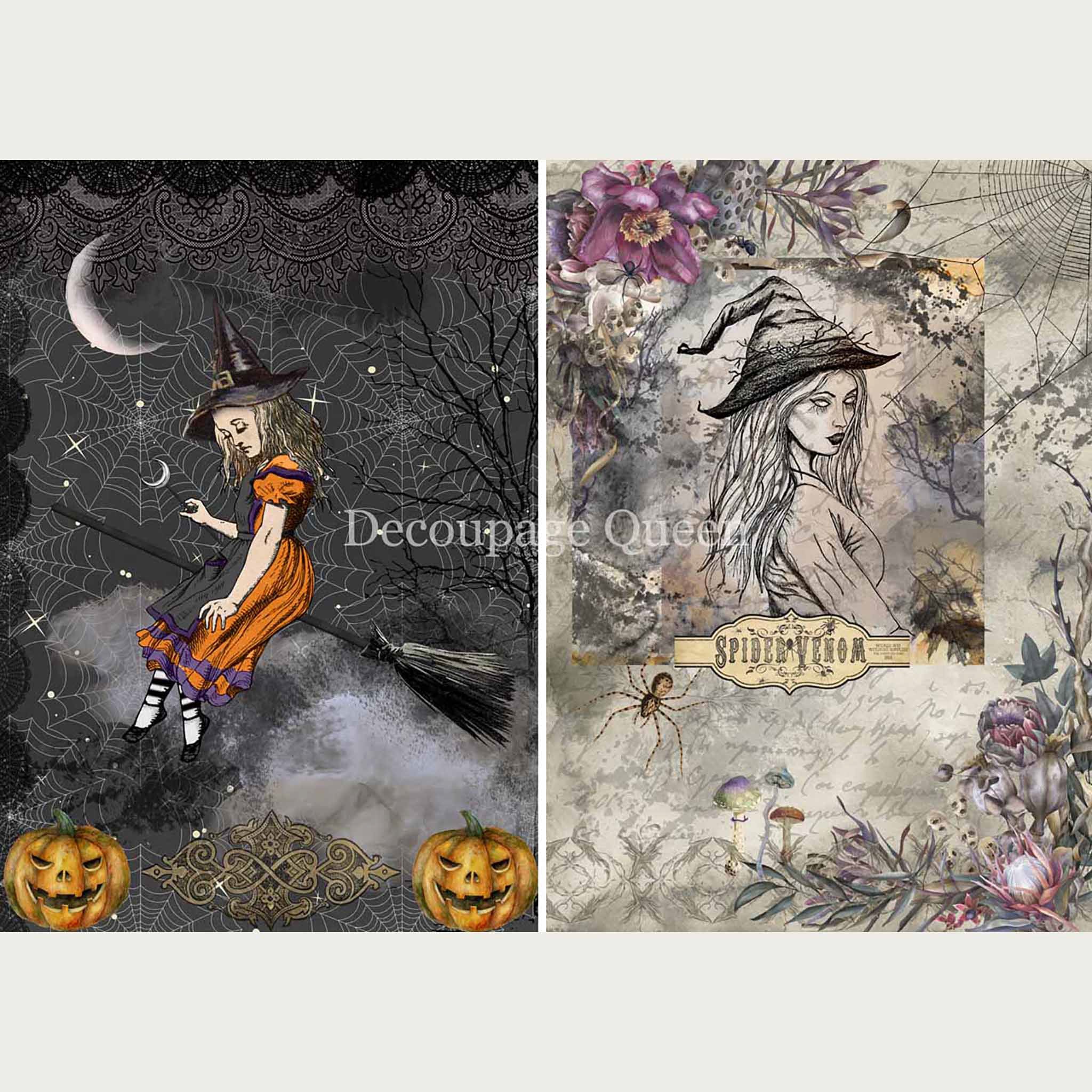 Rice paper featuring two vintage scenes of mystical witches set against spooky backgrounds. White borders are on the top and bottom.