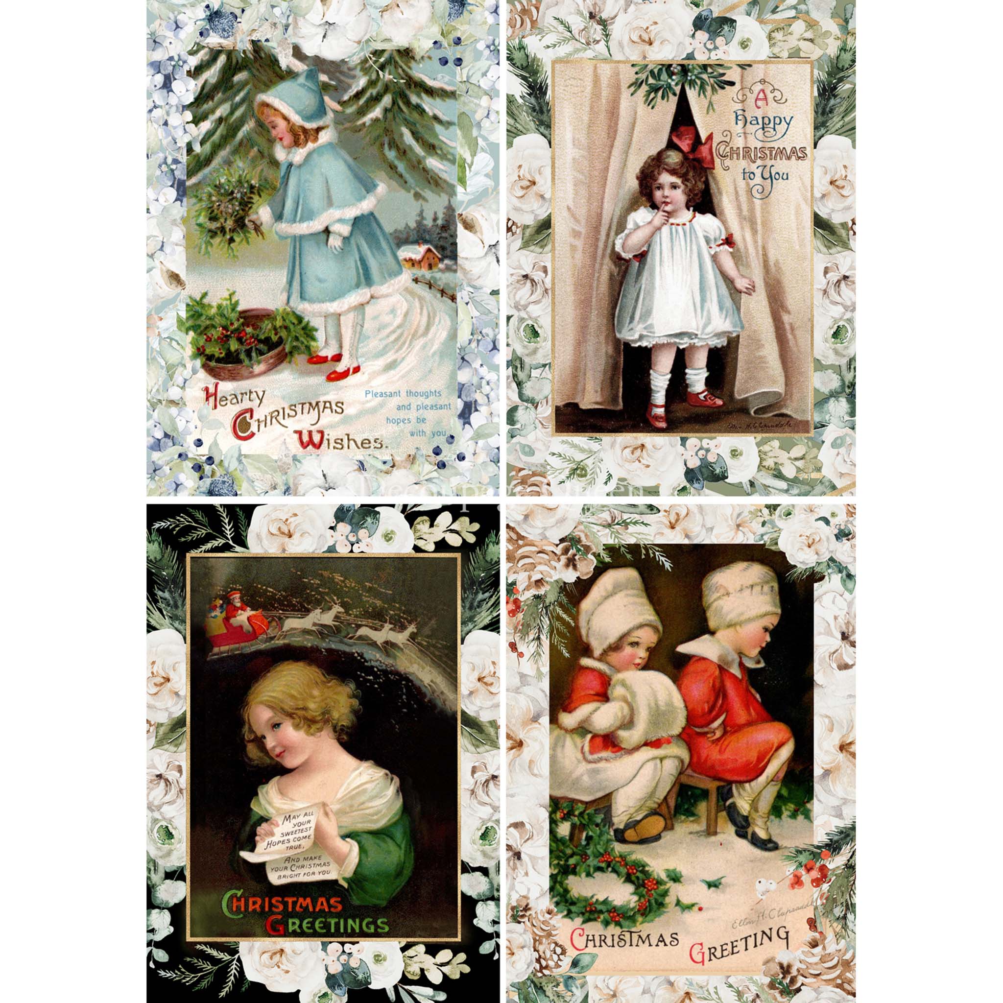 A3 rice paper that features 4 beautiful designs of vintage little girls in festive winter scenes