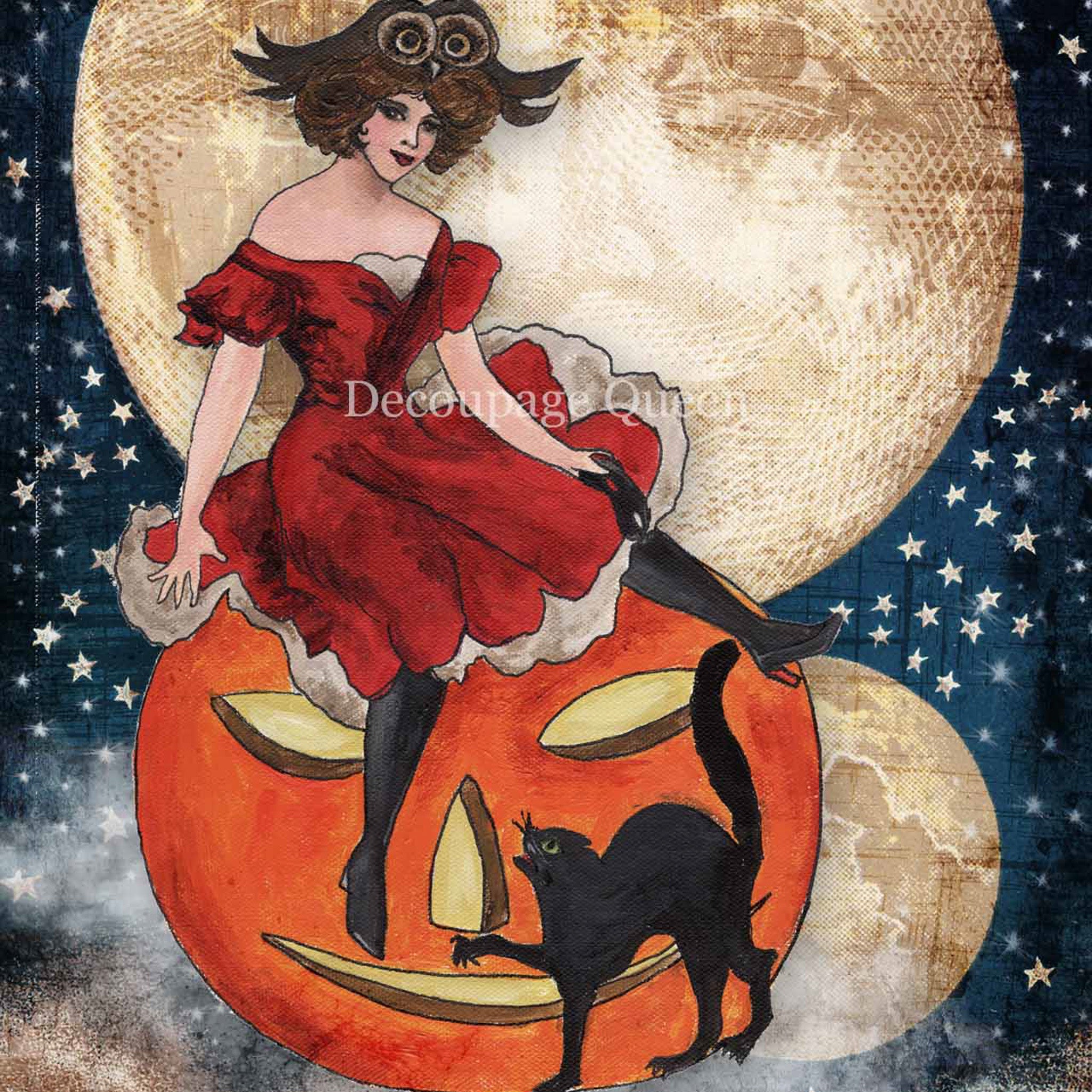 Close-up of a rice paper design that features a pinup witch in a red dress on a jack-o-lantern under the full moon. 