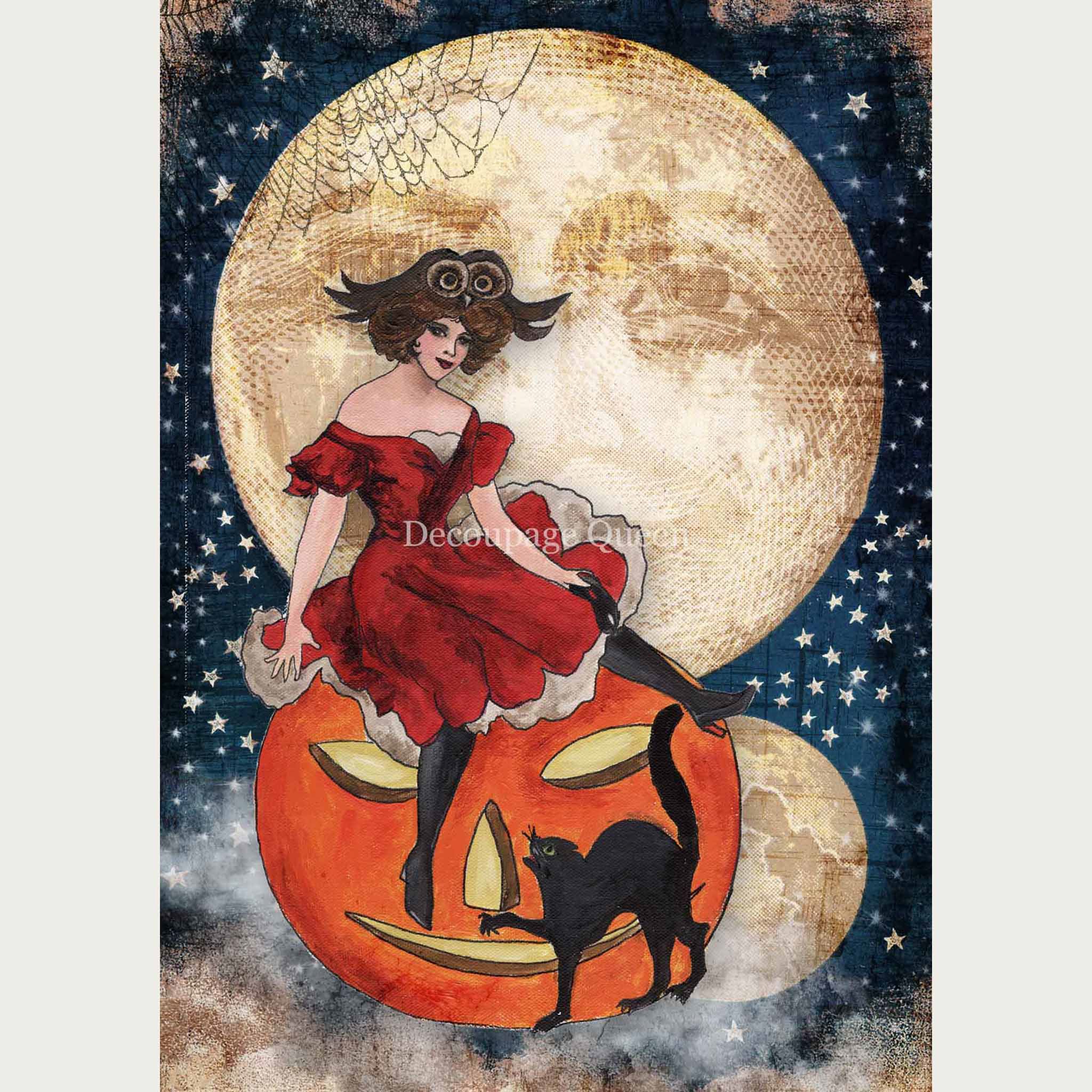 Rice paper design that features a pinup witch in a red dress on a jack-o-lantern under the full moon. White borders are on the sides.