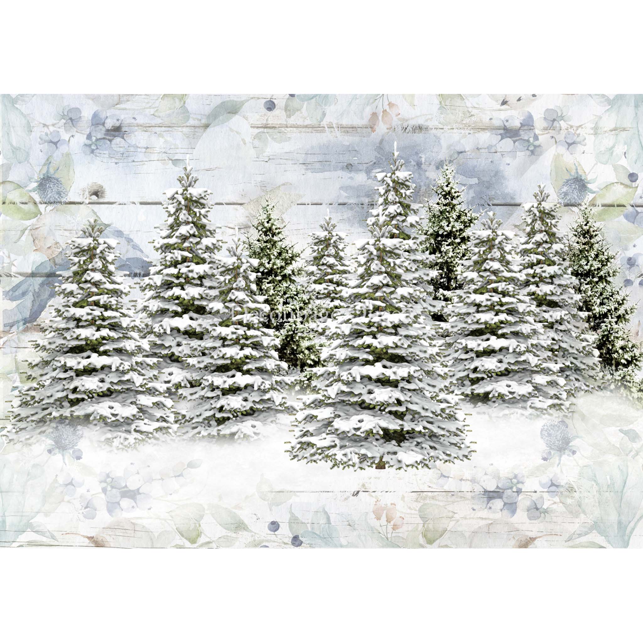 Woodland Trees A3 Rice Decoupage PaperA3 rice paper design featuring a snowy scene full of pine trees. White borders on the top and bottom