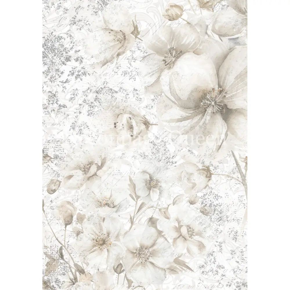 Rice paper that features wispy white flowers over a distressed print. White borders are on the sides.