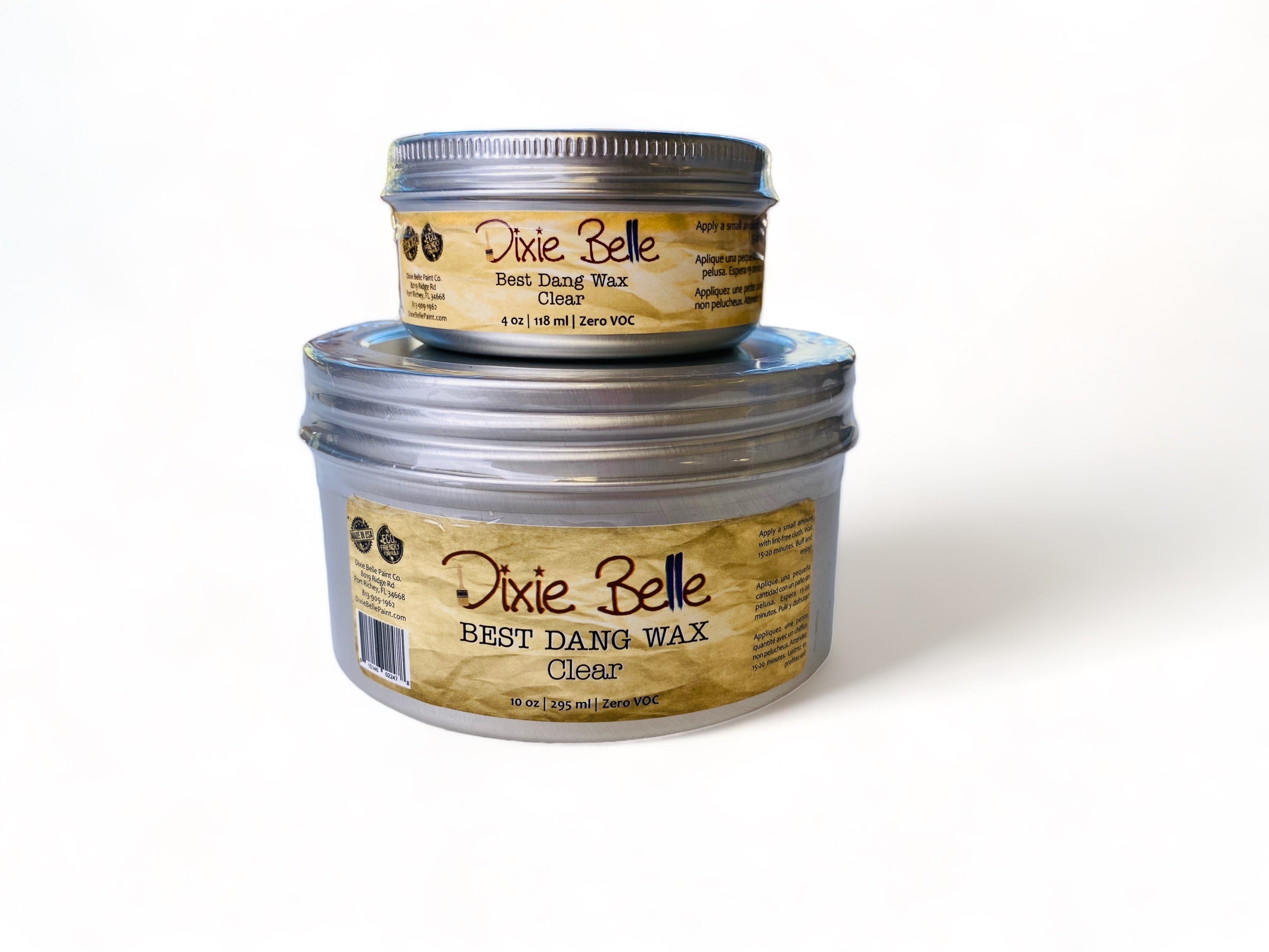 Two tins, a 4 oz and a 10 oz, of Dixie Belle Paint's Best Dang wax in Clear are against a white background.