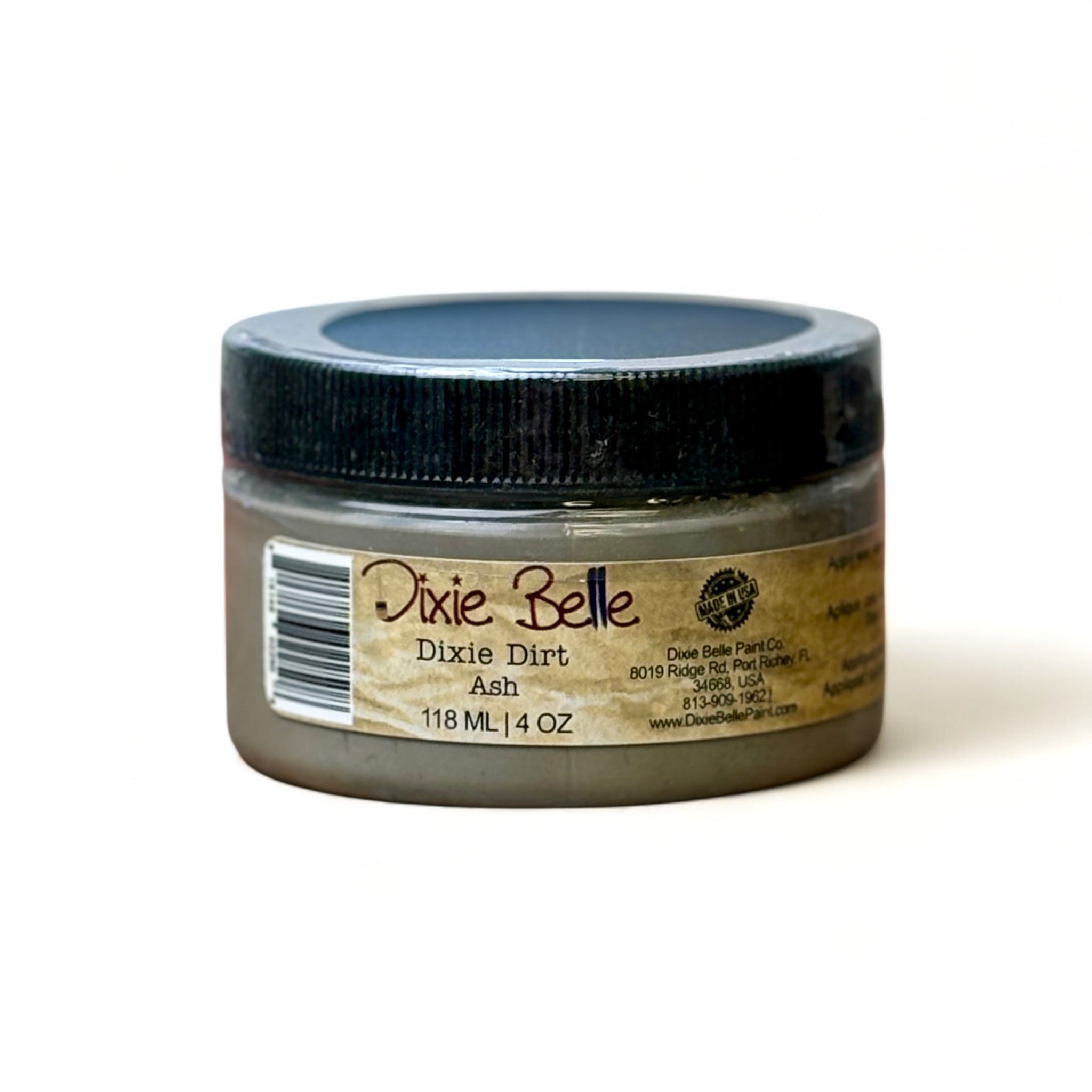 A 4oz container of Dixie Belle Paint's Dixie Dirt in Ash color is against a white background.