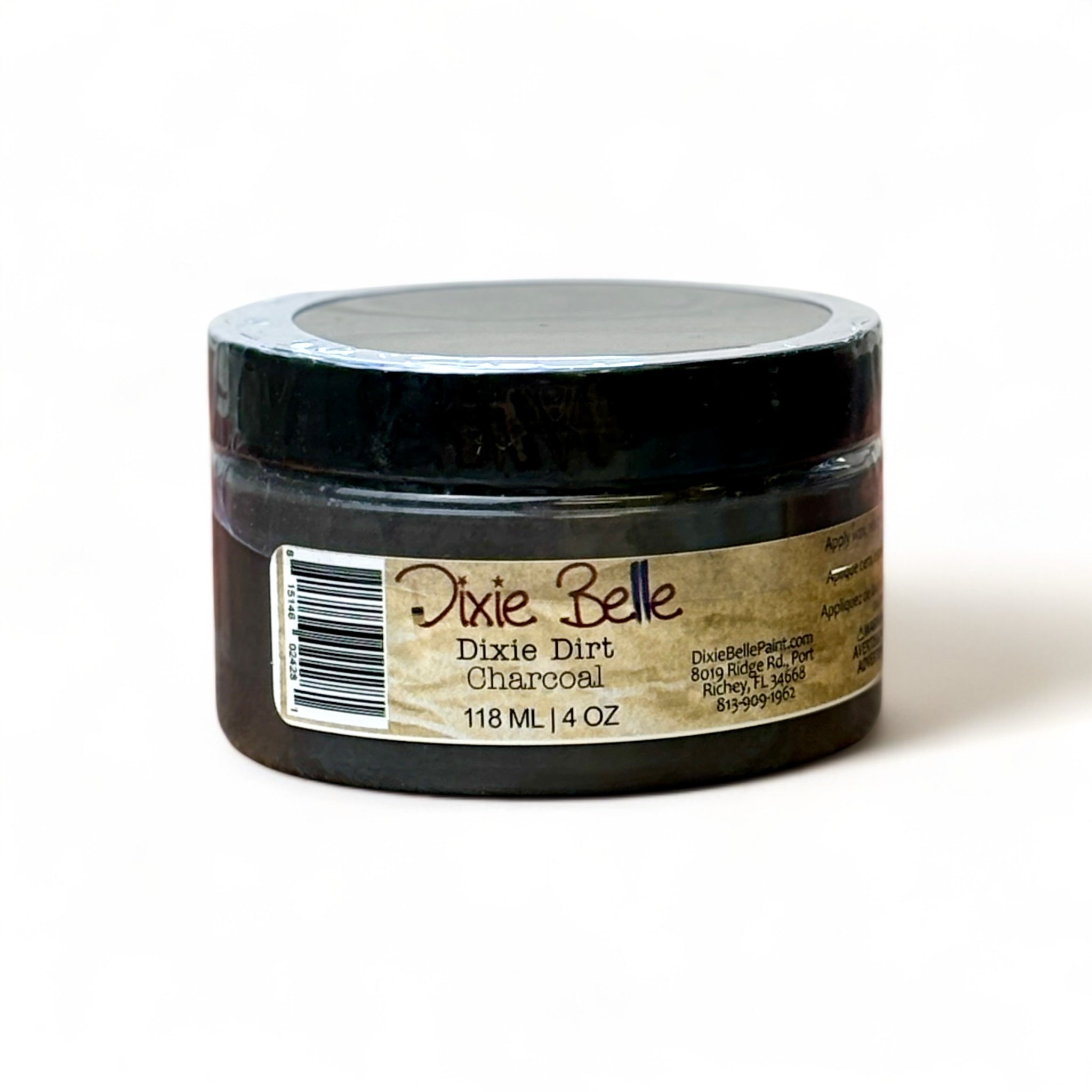 A 4oz container of Dixie Belle Paint's Dixie Dirt in Charcoal color is against a white background.