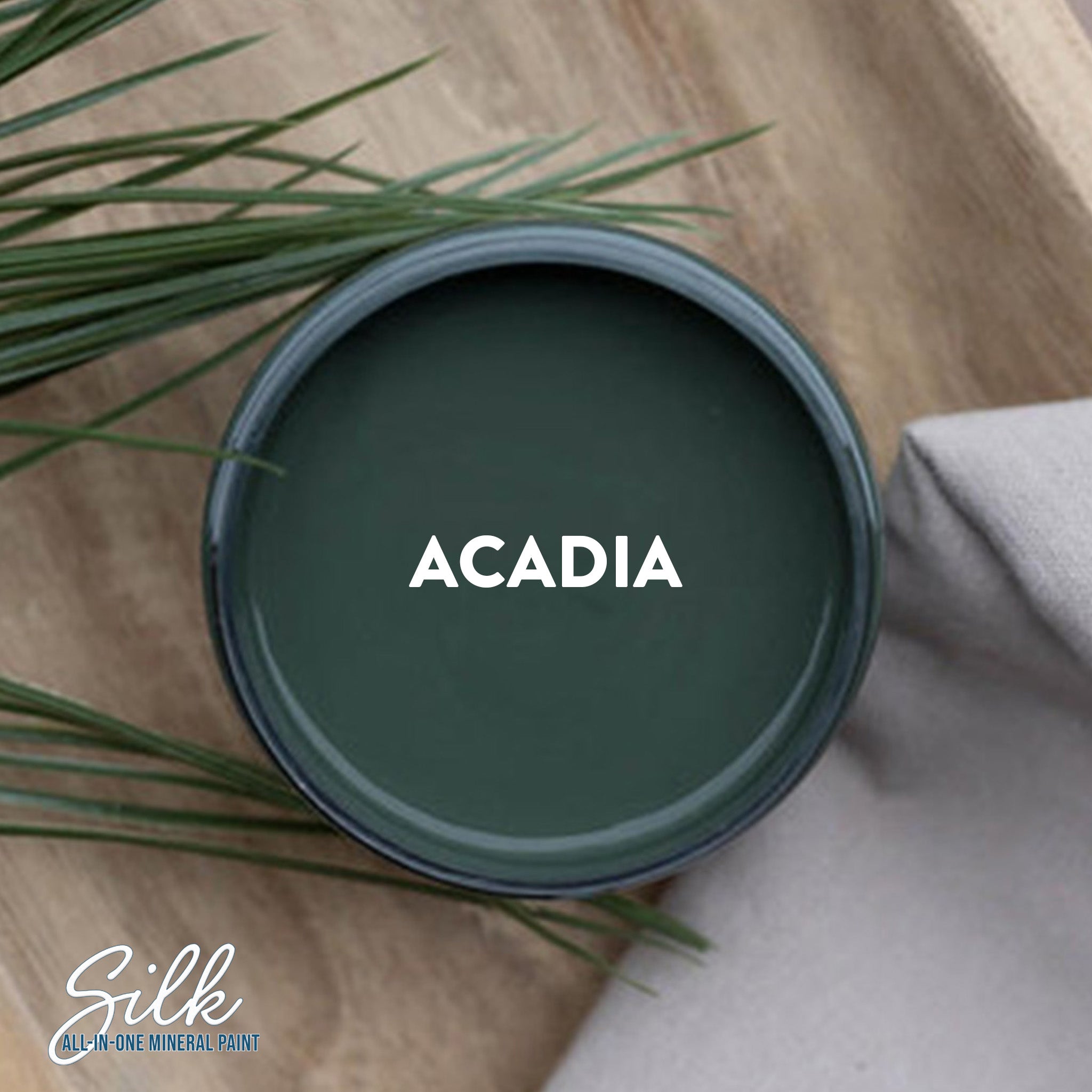 An arial view of an open container of Dixie Belle Paint Company's Acadia Silk All-In-One Mineral Paint is shown with white text reading Acadia.