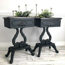 Two vintage night stands refurbished by The Top Drawer feature Dixie Belle's Anchor Silk All-In-One Mineral Paint.