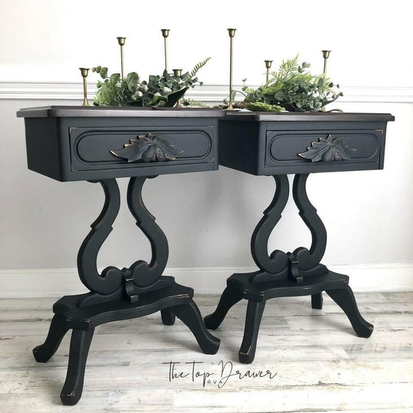 Two vintage night stands refurbished by The Top Drawer feature Dixie Belle's Anchor Silk All-In-One Mineral Paint.