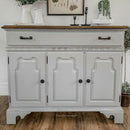 A buffet cabinet refurbished by This Old Vintage features Dixie Belle's Baja Gray Silk All-In-One Mineral Paint.