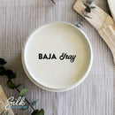 An arial view of an open container of Dixie Belle Paint Company's Baja Gray Silk All-In-One Mineral Paint is shown with black text reading Baja Gray.