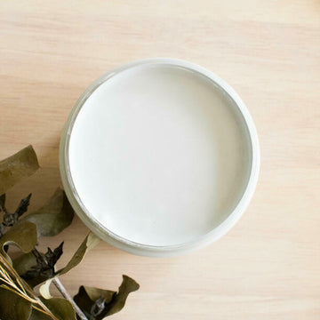 An arial view of an open container of Dixie Belle Paint Company's Bay Breeze All-In-One Silk Paint is on a light wood table with greenery.