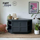 A vintage large hexagonal coffee table with shelves and cubbies refurbished by Faff Designs features Dixie Belle's Black Sands Silk All-In-One Mineral Paint.