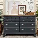 A large 6-drawer dresser refurbished by Why Not ReDesign features Dixie Belle's Black Sands Silk All-In-One Mineral Paint and a natural wood top.
