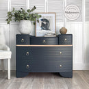 A large 5-drawer dresser refurbished by My Little Makeovers features Dixie Belle's Black Sands Silk All-In-One Mineral Paint.