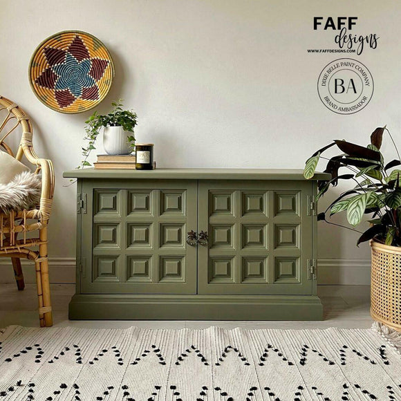 A vintage console table with storage refurbished by Faff Designs features Dixie Belle's Cactus Silk All-In-One Mineral Paint.