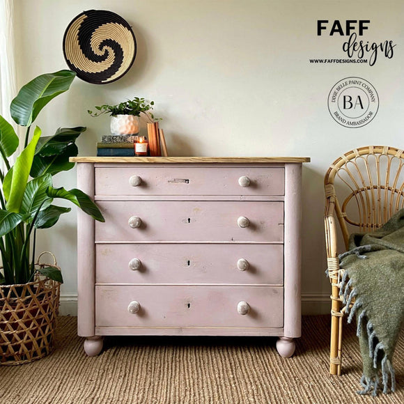 A vintage 4-drawer dresser refurbished by Faff Designs features Dixie Belle's Conch Silk All-In-One Mineral Paint.