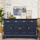 A large buffet table refurbished by Why Not ReDesign features Dixie Belle's Deep Sea Silk All-In-One Mineral Paint.