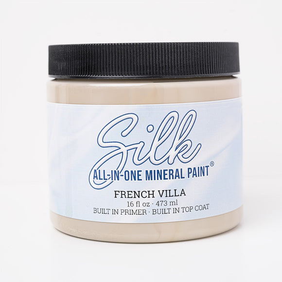 Jar of Silk All-in-One Mineral Paint in French Villa color on a white background