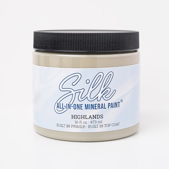Jar of Silk All-in-One Mineral Paint in Highlands color on a white background