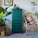 A small 5-drawer lingerie chest dresser refurbished by Faff Designs features Dixie Belle's Midnight Green Silk All-In-One Mineral Paint.