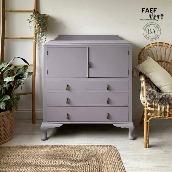 A vintage cabinet with 3 drawers and 2 doors refurbished by Faff Designs features Morning Sunrise Silk All-In-One Mineral Paint.