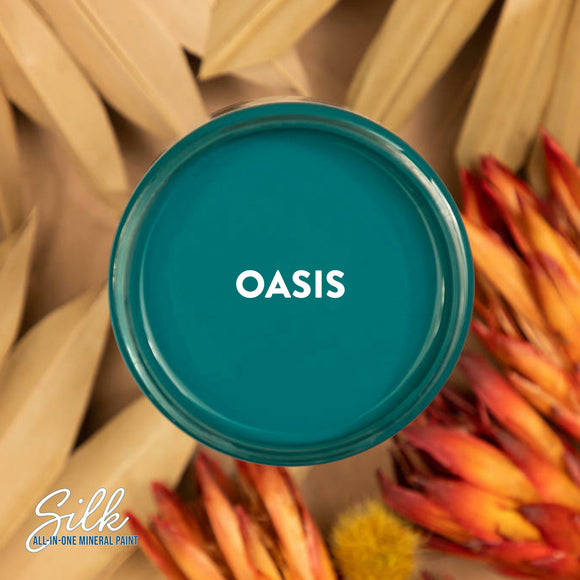 An arial view of an open container of Dixie Belle Paint Company's Oasis Silk All-In-One Mineral Paint is shown with white text reading Oasis.