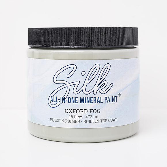 Jar of Silk All-in-One Mineral Paint in Oxford Fog on a white background