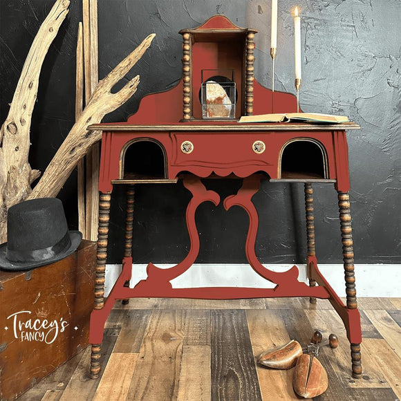 A vintage vanity desk refurbished by Tracey's Fancy features Dixie Belle's Sequoia Silk All-In-One Mineral Paint.