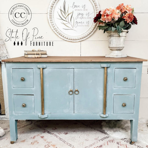 A vintage buffet cabinet refurbished by State of Pine Furniture features Dixie Belle's Serenity Silk All-In-One Mineral Paint.