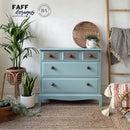 A small 5-drawer dresser refurbished by Faff Designs features Dixie Belle's Serenity Silk All-In-One Mineral Paint.
