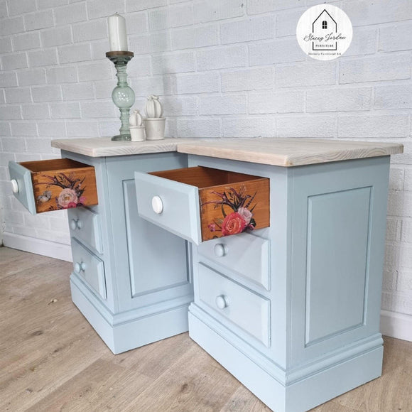 Two vintage 3-drawer night stands refurbished by Stacey Jordan Furniture feature Dixie Belle's Serenity Silk All-In-One Mineral Paint.