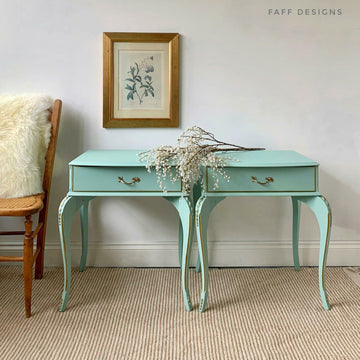 Two vintage side tables with 1 drawer each refurbished by Faff Designs features Dixie Belle's Tide Pool Silk All-In-One Mineral Paint.