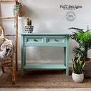 A 2-drawer side table refurbished by Faff Designs features Dixie Belle's Tide Pool Silk All-In-One Mineral Paint.