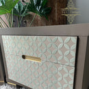 Wooden cabinet with decorative patterned doors and a gold handle, featuring the brand 'TLC Vintage' in the background.