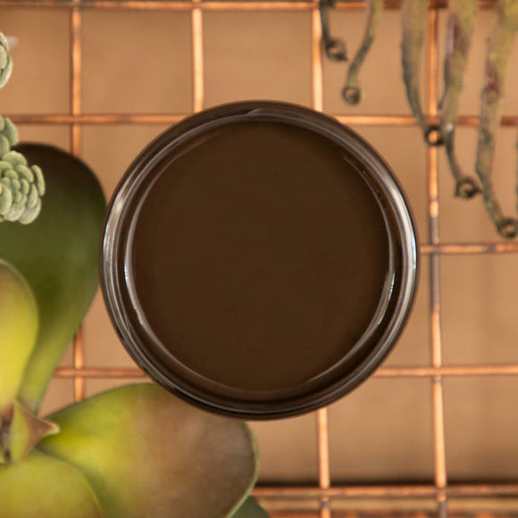 An arial view of an open container of Dixie Belle Paint Company's Umber All-In-One Silk Paint is on a copper rack over a sand brown table with succulents.