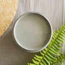 An arial view of an open container of Dixie Belle Paint Company's Wharf All-In-One Silk Paint is on a light grey knit material with green fern.