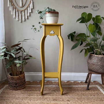 A vintage wood plant stand refurbished by Faff Designs features Dixie Belle's Yellowstone Silk All-In-One Mineral Paint.